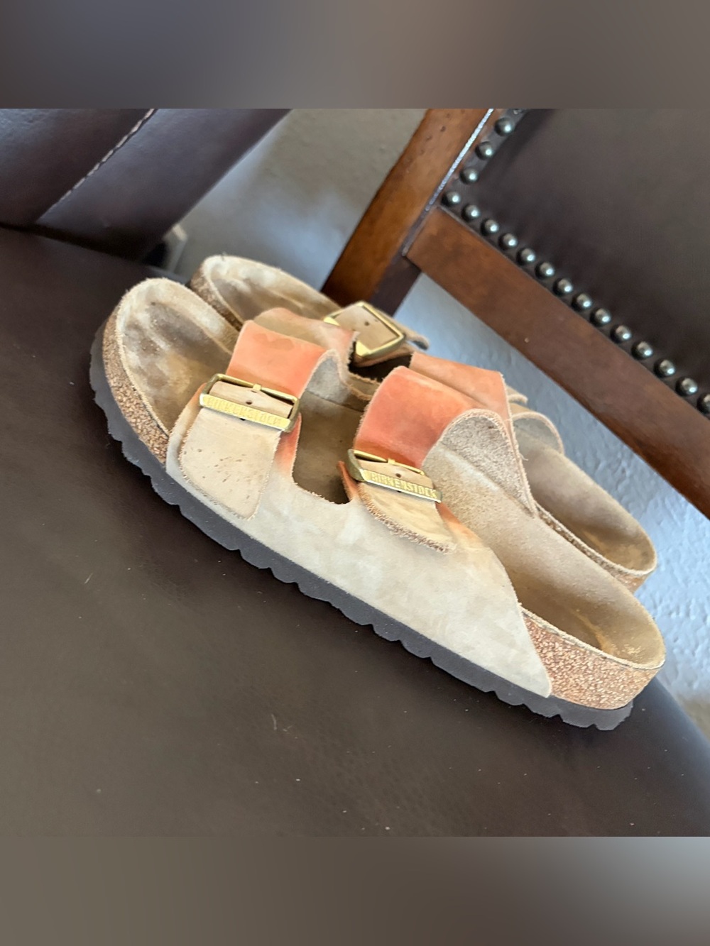 Birkenstock Women’s Two-Strap Suede Sandal in Tan and Coral